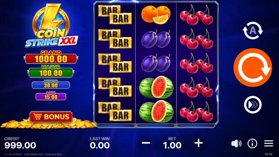 Coin Strike XXL base game grid showing fruit symbols and Bonus Coins