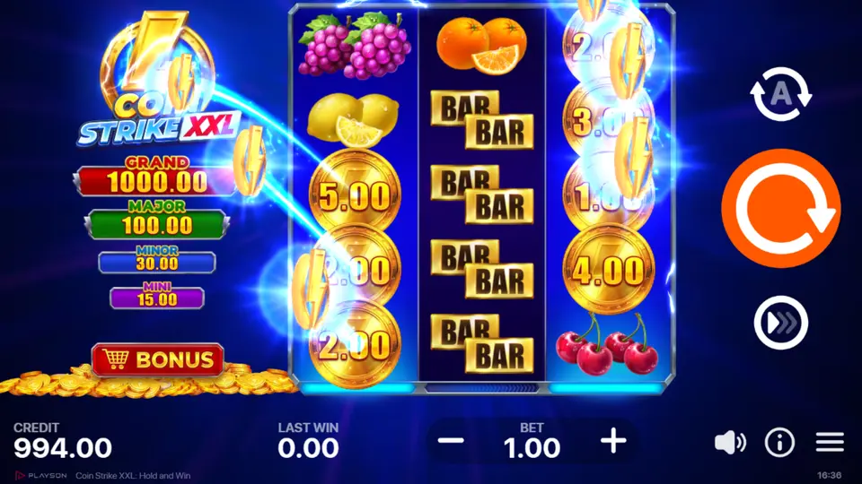 Coin Strike XXL Hold and Win Bonus Game with sticky Strike Coins on reel 2 and re-spin counter showing 3