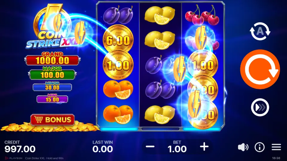 Coin Strike XXL Collect Feature – Strike Coin on reel 2 with Bonus Coins highlighted across the grid