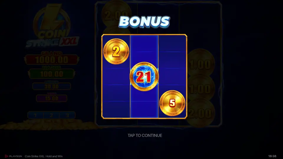 Coin Strike XXL Bonus Game showing GRAND jackpot coin and Strike Coin on reel 2 ready to collect