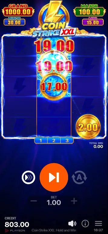Coin Strike XXL base game – full 5x3 grid with fruit symbols and Bonus Coin on reels 1 and 3