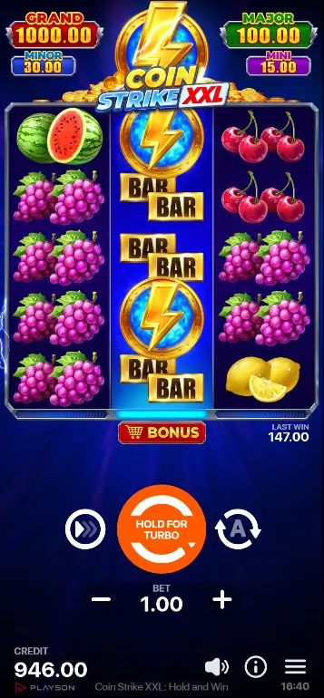Coin Strike XXL Hold and Win Bonus in progress – grid with 1x–8x Bonus Coins, sticky Strike Coins on reel 2, re-spin counter at 3
