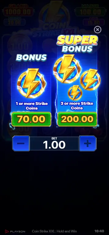 Coin Strike XXL Buy Bonus screen showing Bonus Buy at 70x and Super Bonus Buy at 200x options
