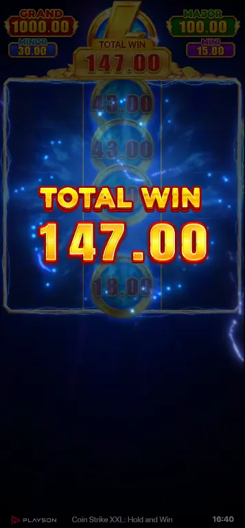 Coin Strike XXL Collect Feature active – Strike Coin on reel 2, Bonus Coins highlighted, combined win displayed