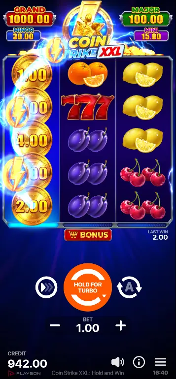 Coin Strike XXL GRAND jackpot coin on the Bonus Game grid with Strike Coin on reel 2 ready to collect