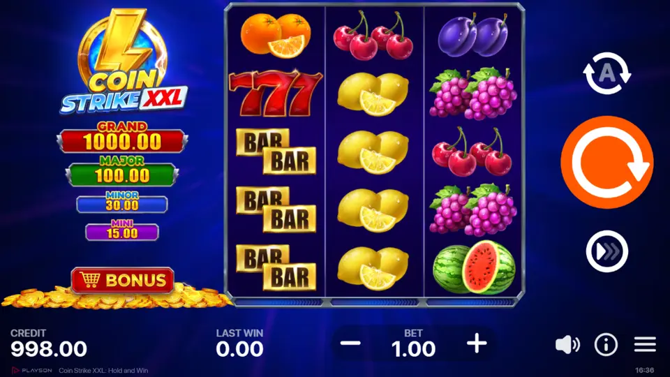 Coin Strike XXL fruit symbols including 777 Wild, bells, BAR BAR and fruit icons